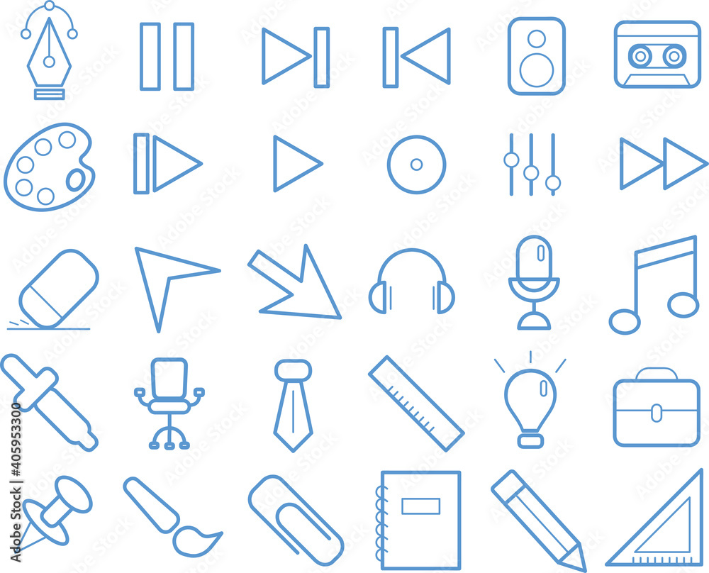 Set of 30  stationery, office and music icons. Outline thin line icons such as pen tool, pencil, push pin, notebook. Universal web icons for media, communication, business, mobile. Vector illustration