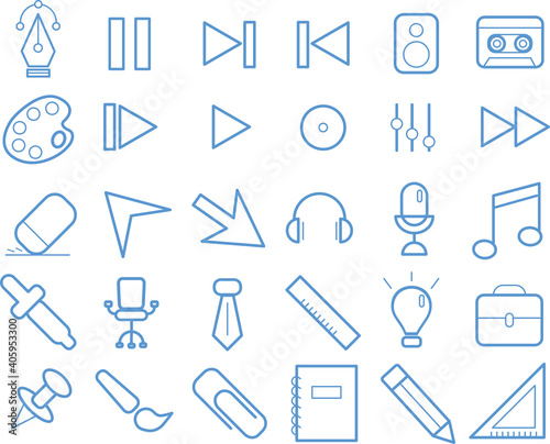 Set of 30 stationery, office and music icons. Outline thin line icons such as pen tool, pencil, push pin, notebook. Universal web icons for media, communication, business, mobile. Vector illustration