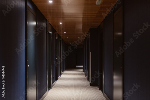 Pasillo  largo oscuro y elegante de un hotel con habitaciones a los lados