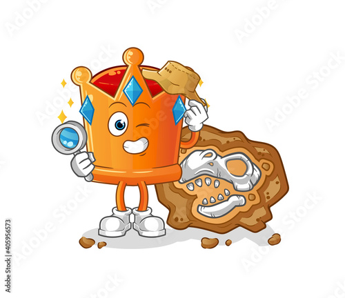 crown archaeologists with fossils mascot. cartoon vector