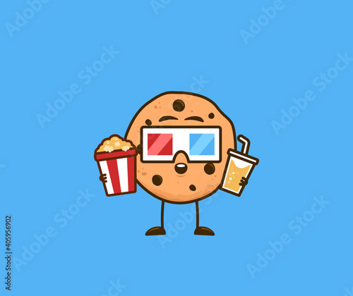 Cute cookies snack cartoon movie goers character watching movie in cinnema vector illustration graphic