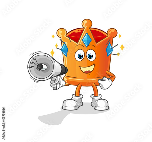 crown holding hand loudspeakers vector. cartoon character