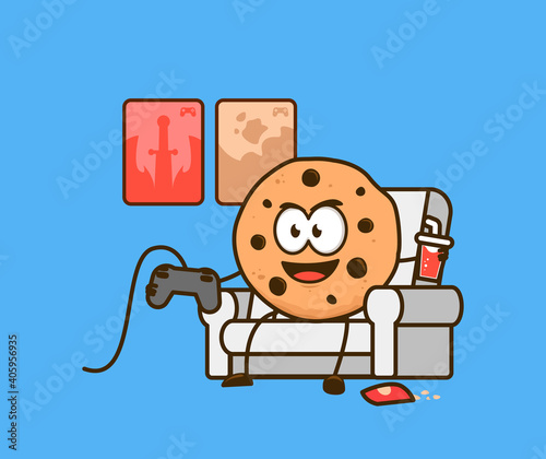 Cute cookies snack cartoon character mascot as gamer playing video games console on couch graphic vector illustration of activity