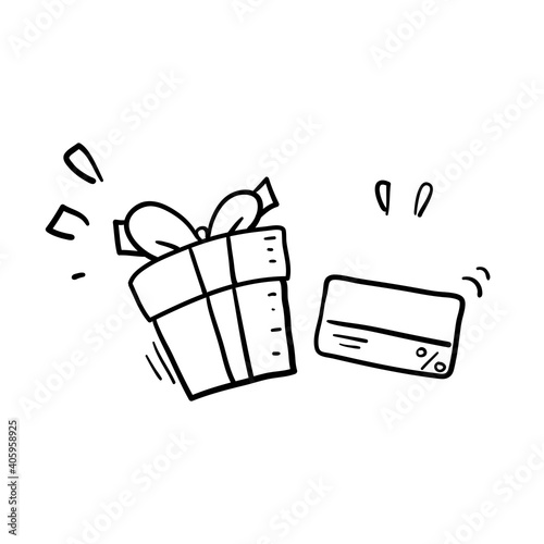 hand drawn doodle card and gift illustration symbol for Gift card, loyalty program, earn points, redeem present box, more discount, perks concept cartoon