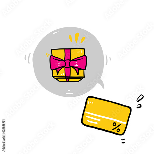 hand drawn doodle card and gift illustration symbol for Gift card, loyalty program, earn points, redeem present box, more discount, perks concept cartoon