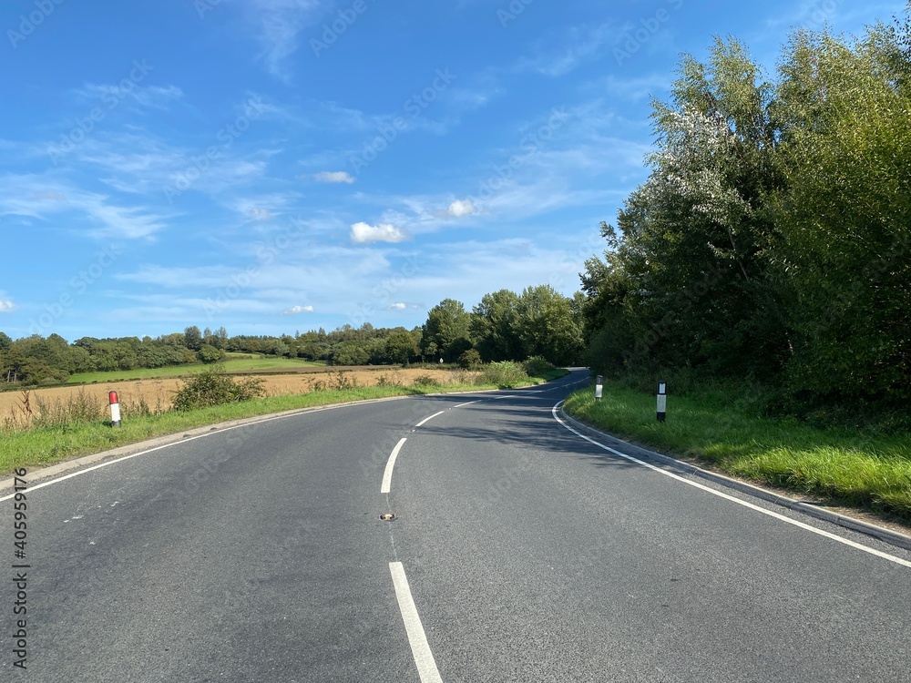 Looking along, Boroughbridge Road, with fields, trees, and a blue sky in, Scriven, Harrogate, UK