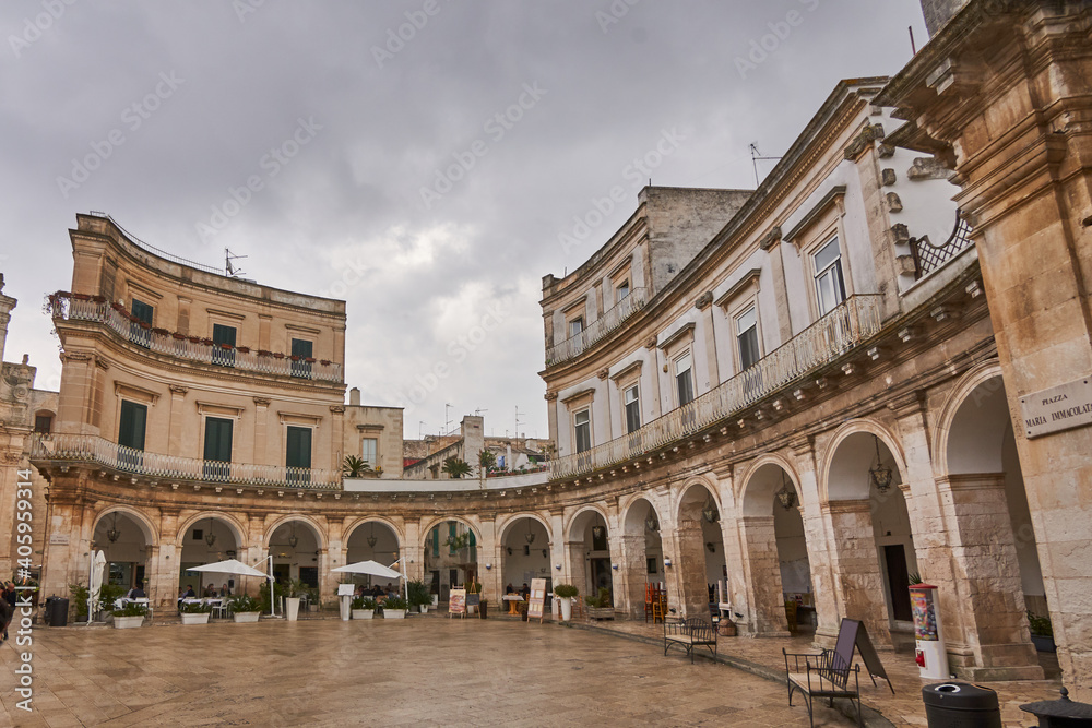 Piazza Plebiscito at Martina France, Point of interest in Apulia on a rainy day, Italy Puglia