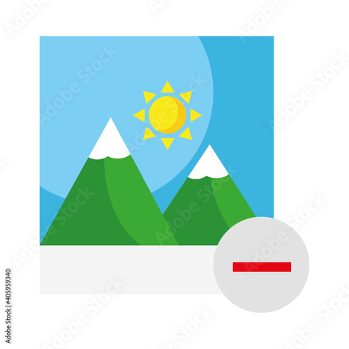 picture with mountains and sun and minus symbol flat style icon vector illustration design
