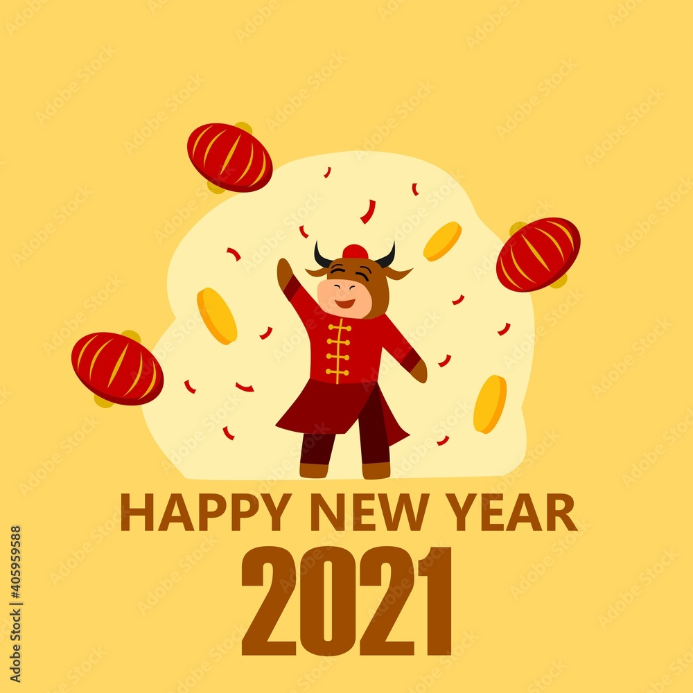 chinese new year greeting design 2021. lantern design and buffalo cartoon for template.