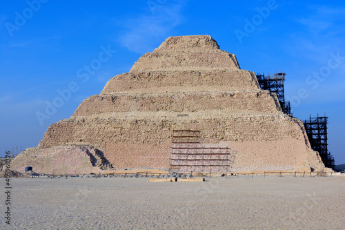 The step Pyramid of Djoser or Zoser in the Saqqara necropolis in Giza Egypt , Pyramid restoration work photo