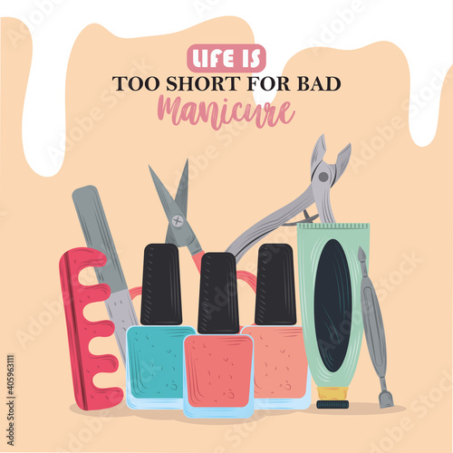 manicure care tools nail polishes finger separator scissors clipper nail file and cream in cartoon