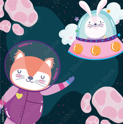 space astronaut fox and rabbit in ufo adventure explore animal cartoon