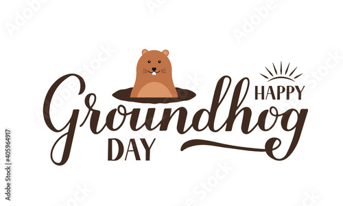 Happy Groundhog Day calligraphy hand lettering with cute cartoon groundhog isolated on white. Vector template for greeting card, typography poster, banner, flyer, t shirt, sticker, etc