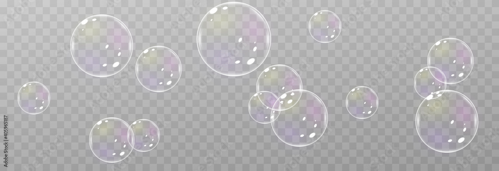 Vector soap bubble. Realistic soap bubble png, glare. Foam bubbles png. Powder, soap, detergent. Vector image.