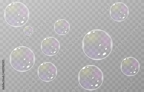 Vector soap bubble. Realistic soap bubble png, glare. Foam bubbles png. Powder, soap, detergent. Vector image.