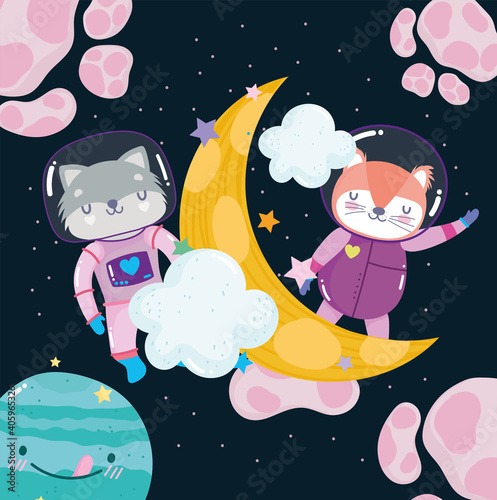 space fox and raccoon moon and planets adventure explore animal cartoon