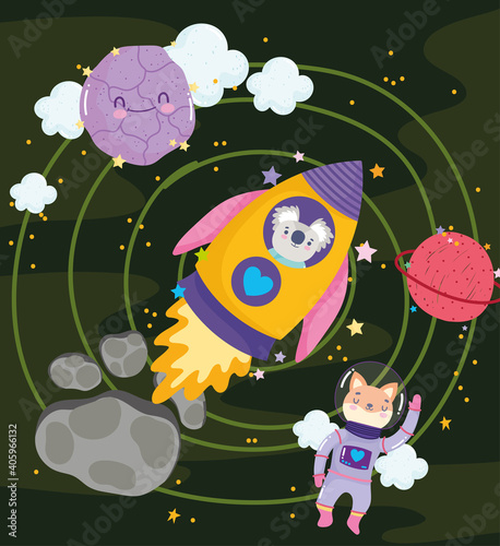 space koala in spaceship fox astronaut and planets adventure explore animal cartoon