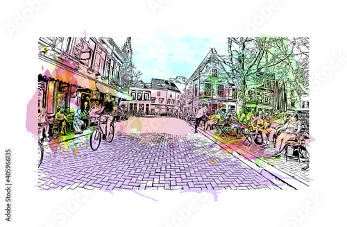 Building view with landmark of Delft is the
city in Netherlands. Watercolour splash with hand drawn sketch illustration in vector.