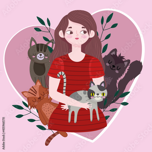 young woman with different cats in heart love pet cartoon