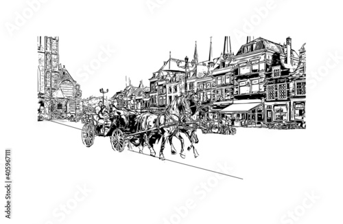 Building view with landmark of Delft is the
city in Netherlands. Hand drawn sketch illustration in vector.