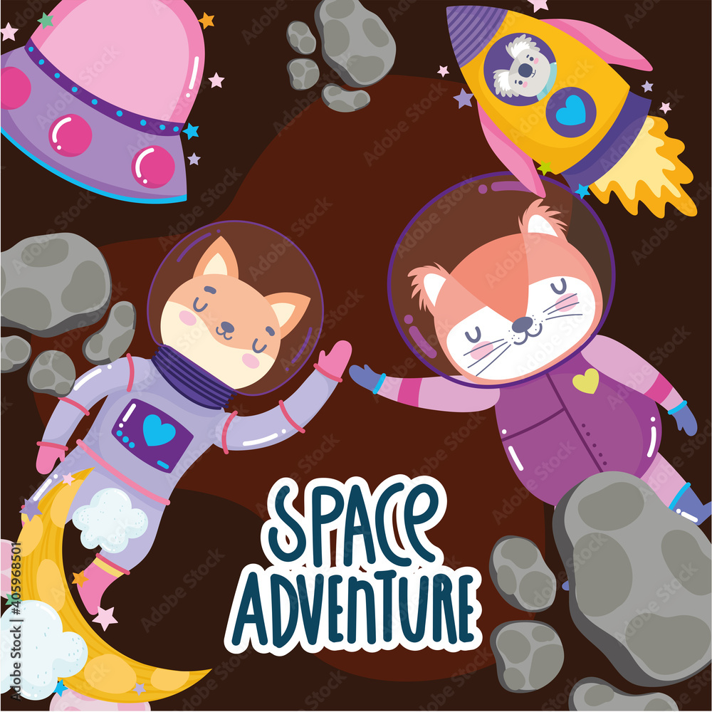 Naklejka premium space cat fox and koala spaceship ufo rocket adventure explore animal cartoon
