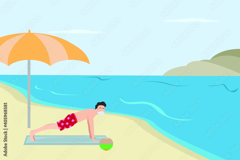 Man working out at beach 2D flat vector concept for banner, website, illustration, landing page, flyer, etc