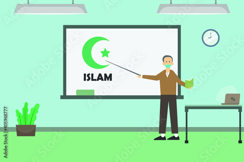 Learning about Islam in class 2D flat vector concept for banner, website, illustration, landing page, flyer, etc