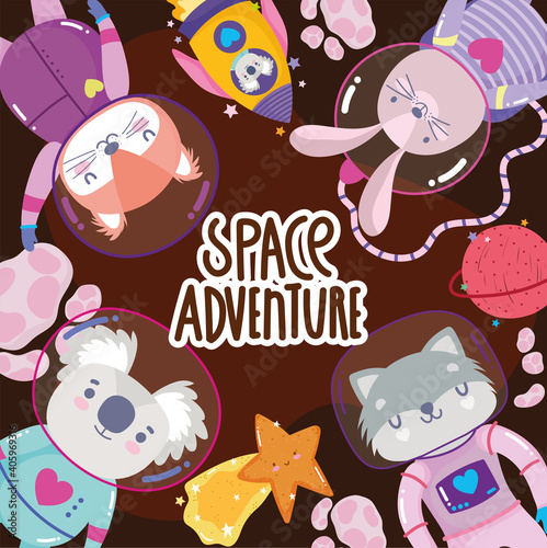 space adventure explore animals cartoon in spacesuits
