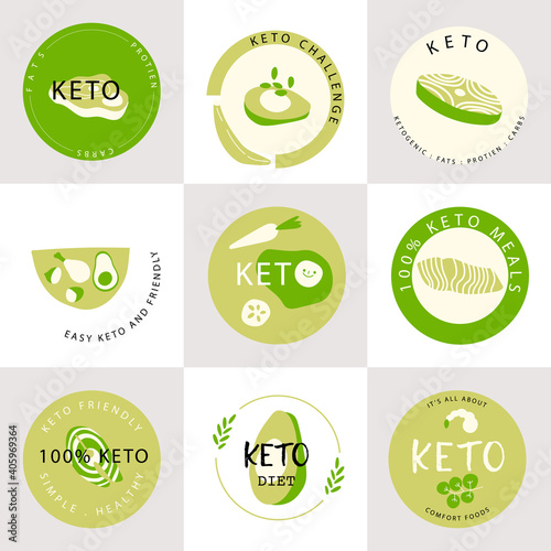 Ketogenic Diet Logo. Collection of Keto logo, Healthy food icon design for Ketogenic Diet product and food menu. Vector illustration.
