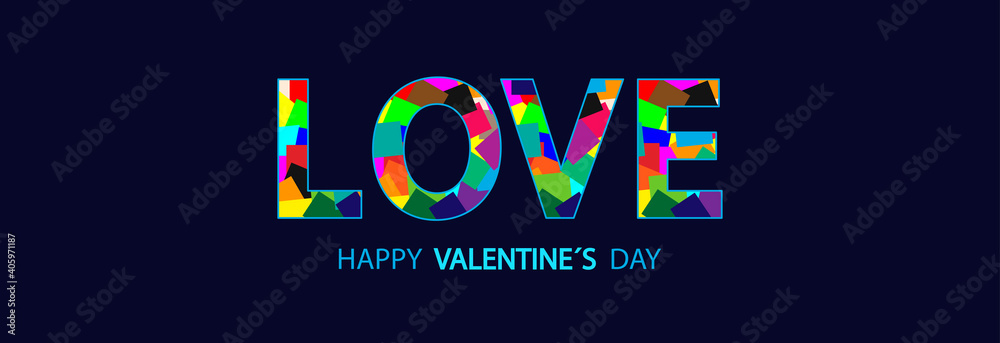 Word love in different colors on a blue background. Valentine's day greeting card.