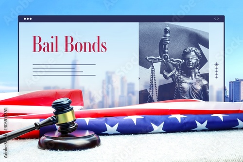 Bail Bonds. Judge gavel and america flag in front of New York Skyline. Web Browser interface with text and lady justice. photo