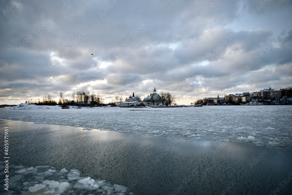 Winter scenery of Helsinki from the ferry