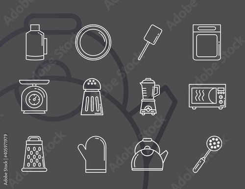bundle of twelve kitchen utensils line style icons vector illustration design