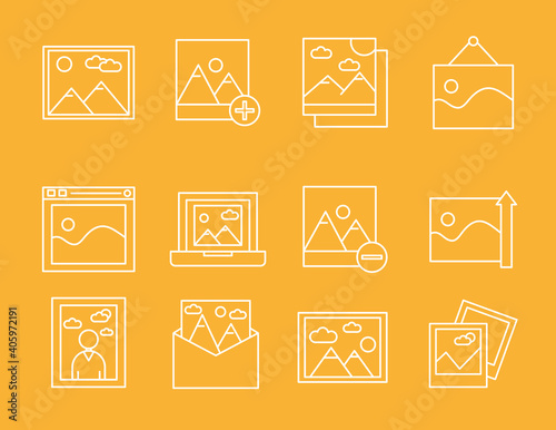 bundle of twelve pictures with differents scenes line style icons vector illustration design