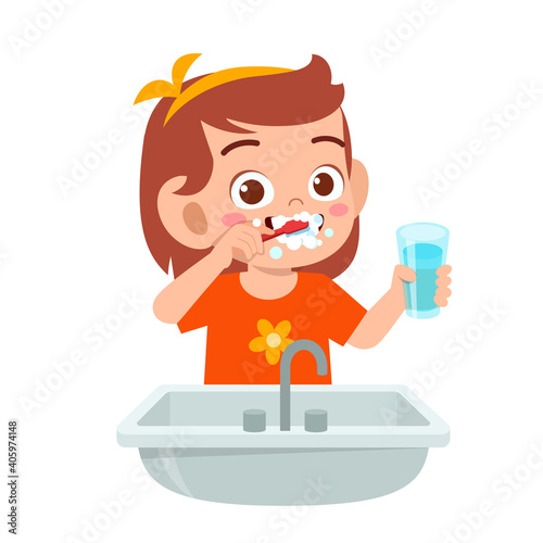 happy cute kid girl brush clean teeth