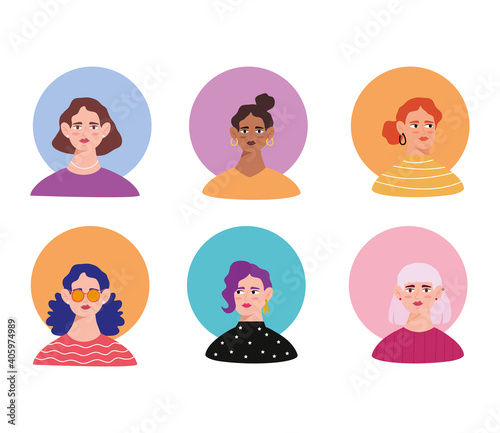 group of six young women avatars characters vector illustration design