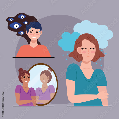 group of three persons with bipolar disorder characters vector illustration design