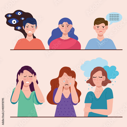 group of six persons with bipolar disorder characters vector illustration design