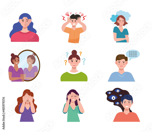 group of nine persons with bipolar disorder characters vector illustration design