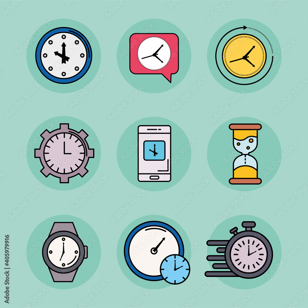 bundle of nine time set line and fill style icons vector illustration design