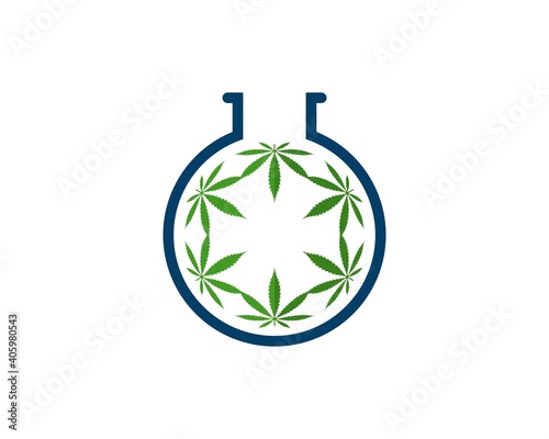 Simple bottle laboratory with circular cannabis leaf inside