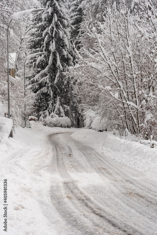 Snowy, slippery roads after heavy snowfall