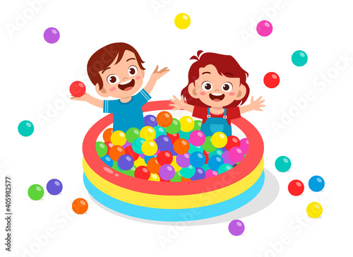 happy cute kids play ball bath pool