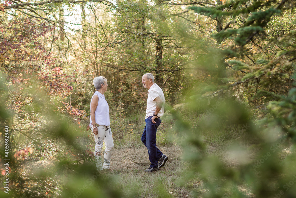 Fototapeta premium Senior couple in love and very happy enjoying a walk in the field at sunset