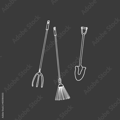 pitchfork, shovel, rake vector illustration. gardening tools isolated on grey background. white outline. hand drawn vector. doodle for wallpaper, cover, kids, education, poster, advertisement. 