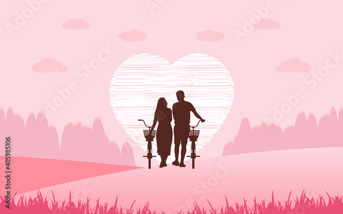 Silhouette couple man and woman walking together with bicycle and heart shape on sky