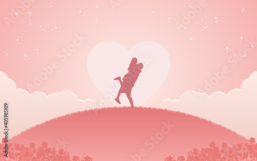 Silhouette couple man lifting woman up in his arm under heart shape and stars background