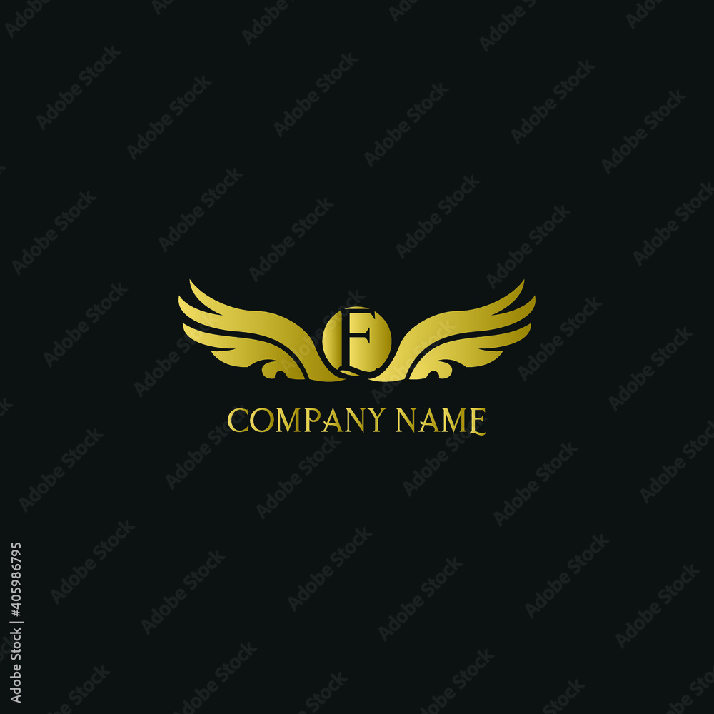 letter E and wings in luxury and elegant golden style logo design