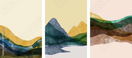 set of Abstract mountain landscape, oriental style. Minimalist design. Abstract water color. vector background illustration.