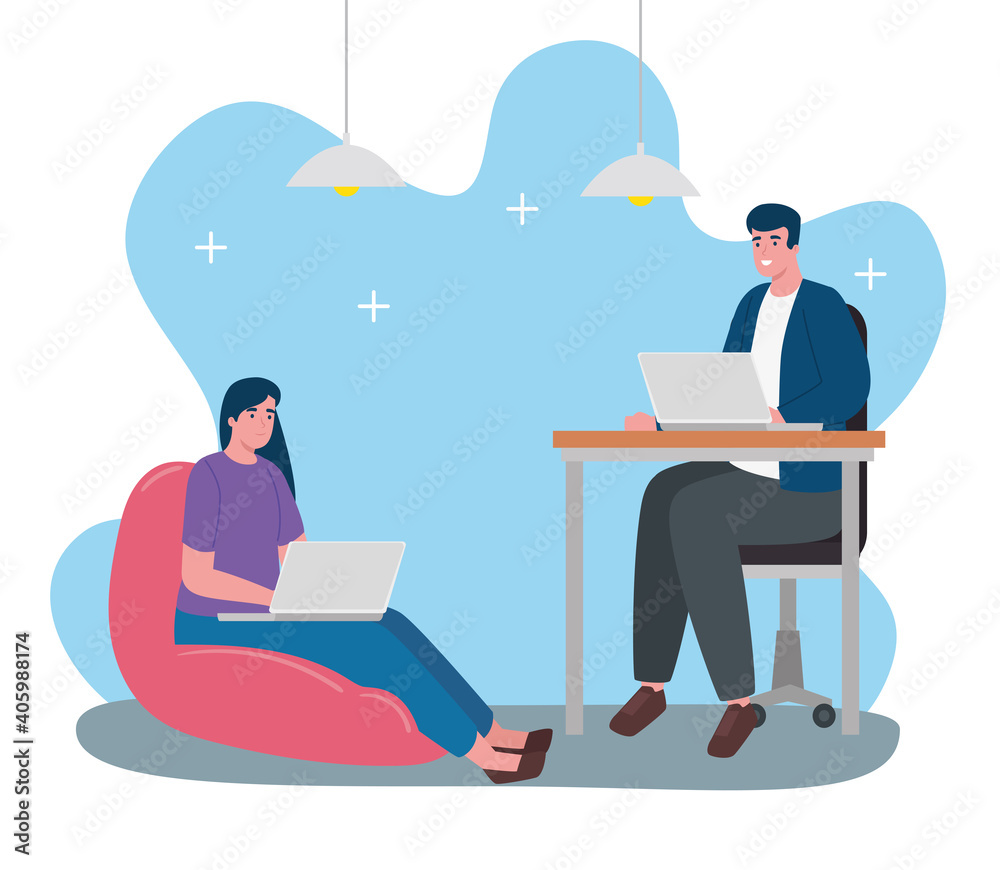young couple seated working in laptops characters vector illustration design young couple seated working in laptops characters vector illustration design